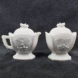 Westmoreland Milk Glass Creamer and Sugar Set Lidded Vintage “Cherry & Grape”